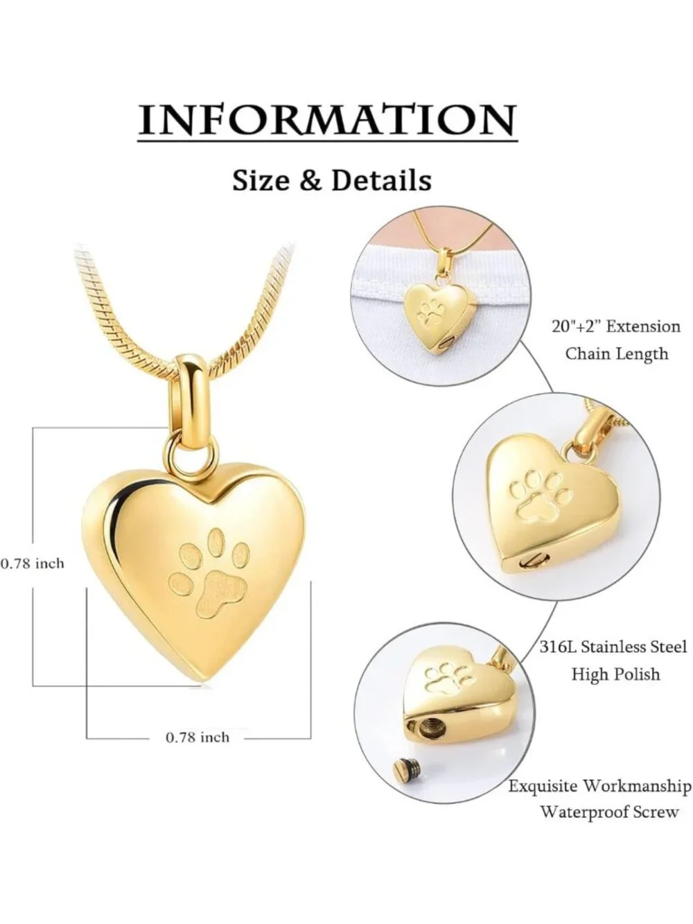 Pet Cremation Jewelry for Ashes - Heart Pendant Urn Necklace, Paw Print Memorial